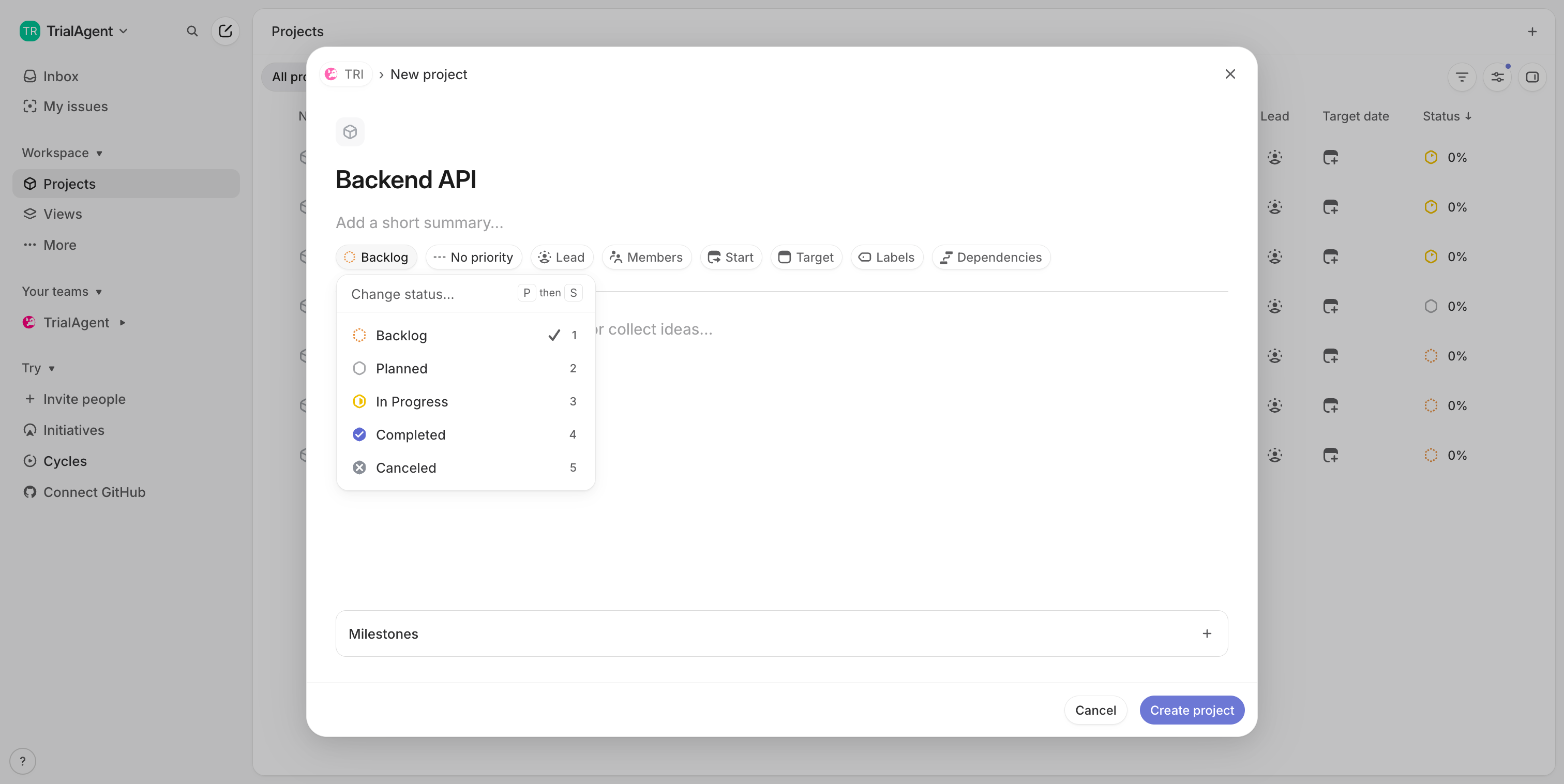 Step 5 — Select status: Planned